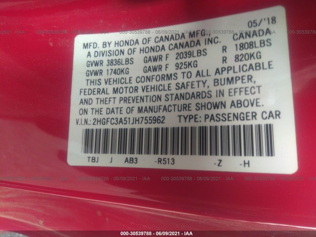 Photo 8 VIN: 2HGFC3A51JH755962 - HONDA CIVIC SI COUPE 