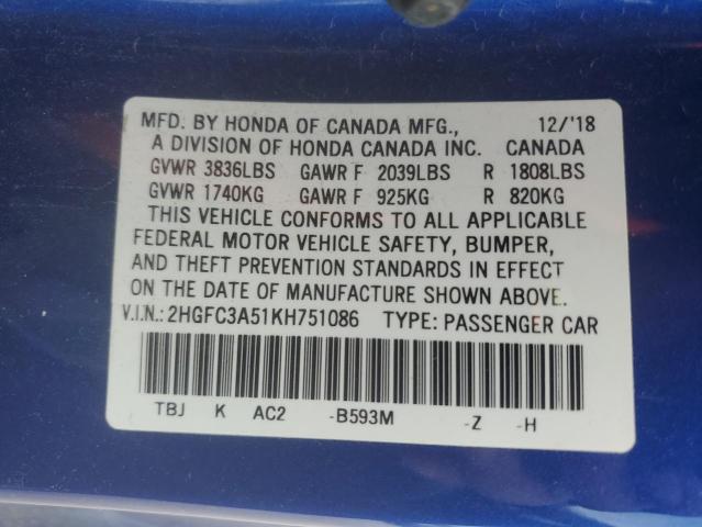 Photo 11 VIN: 2HGFC3A51KH751086 - HONDA CIVIC SI 