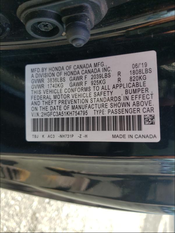 Photo 9 VIN: 2HGFC3A51KH754795 - HONDA CIVIC SI 