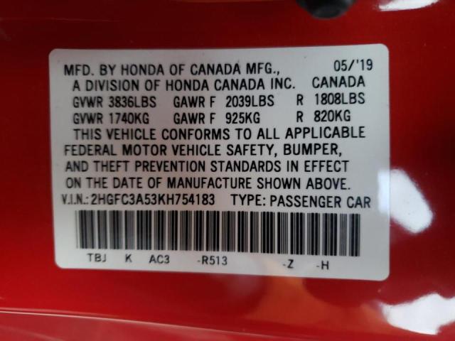 Photo 9 VIN: 2HGFC3A53KH754183 - HONDA CIVIC SI 