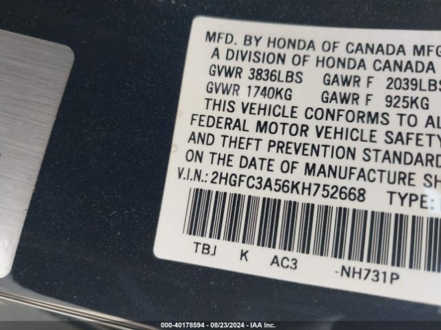 Photo 8 VIN: 2HGFC3A56KH752668 - HONDA CIVIC 