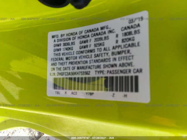 Photo 8 VIN: 2HGFC3A56KH753562 - HONDA CIVIC SI COUPE 