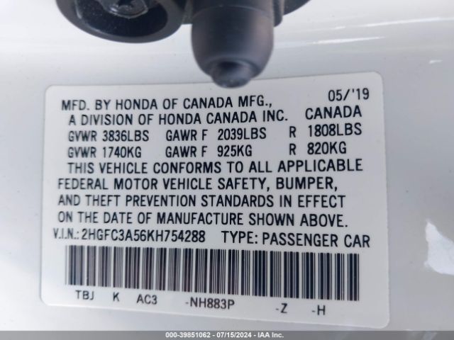 Photo 8 VIN: 2HGFC3A56KH754288 - HONDA CIVIC 