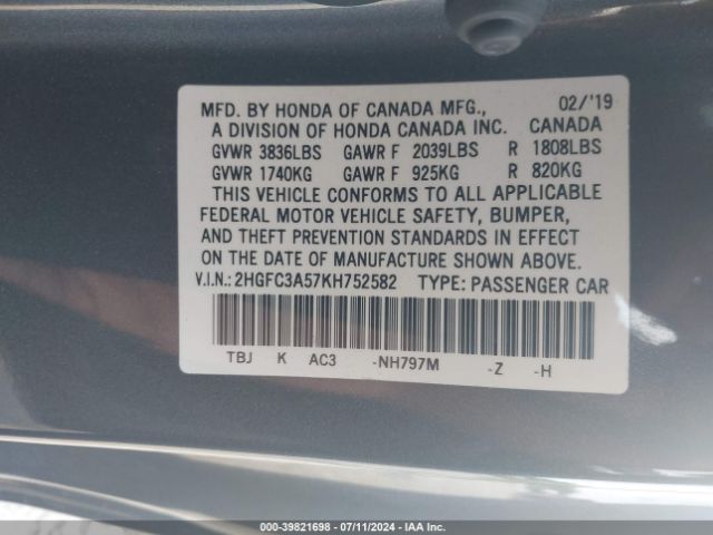 Photo 8 VIN: 2HGFC3A57KH752582 - HONDA CIVIC 