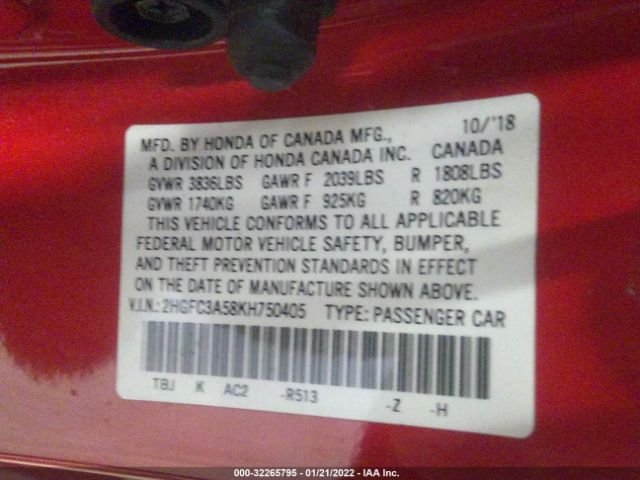 Photo 8 VIN: 2HGFC3A58KH750405 - HONDA CIVIC SI COUPE 