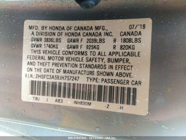 Photo 8 VIN: 2HGFC3A59JH757247 - HONDA CIVIC SI COUPE 