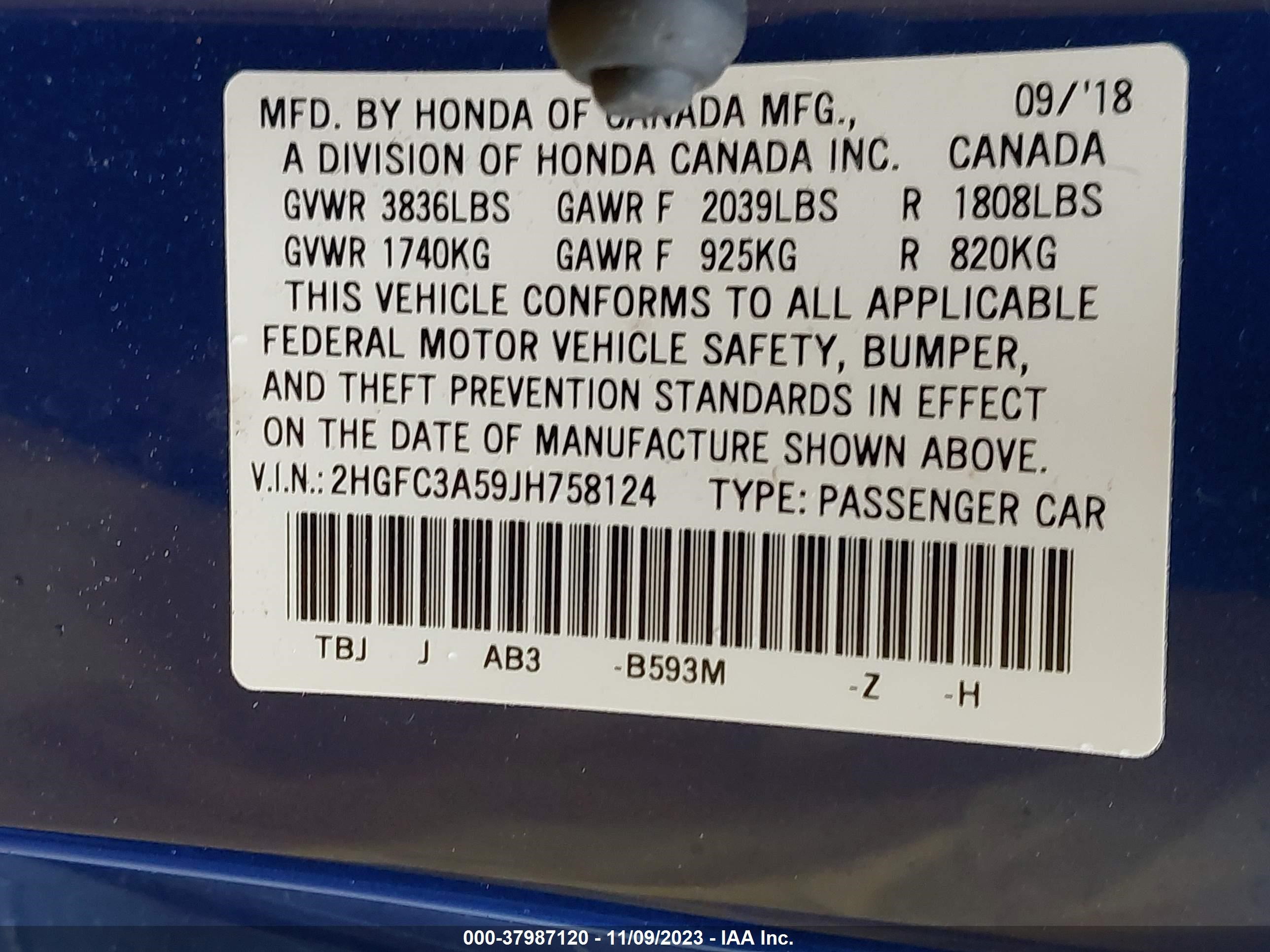 Photo 8 VIN: 2HGFC3A59JH758124 - HONDA CIVIC 