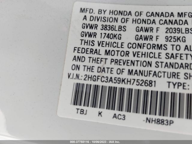 Photo 8 VIN: 2HGFC3A59KH752681 - HONDA CIVIC SI 