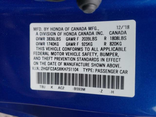 Photo 9 VIN: 2HGFC3A5XKH751104 - HONDA CIVIC SI 