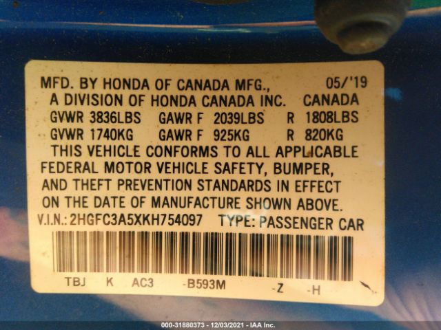 Photo 8 VIN: 2HGFC3A5XKH754097 - HONDA CIVIC SI COUPE 