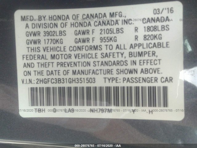 Photo 8 VIN: 2HGFC3B31GH351503 - HONDA CIVIC COUPE 