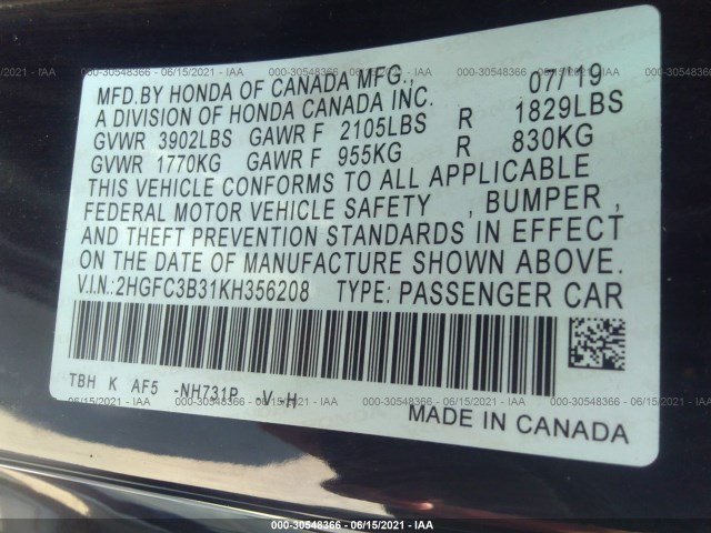 Photo 8 VIN: 2HGFC3B31KH356208 - HONDA CIVIC COUPE 