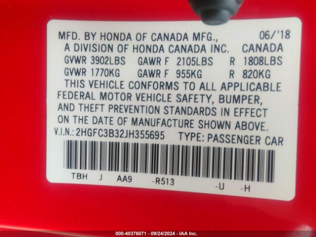 Photo 8 VIN: 2HGFC3B32JH355695 - HONDA CIVIC 