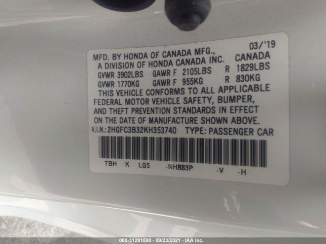 Photo 8 VIN: 2HGFC3B32KH353740 - HONDA CIVIC COUPE 