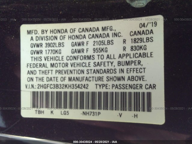 Photo 8 VIN: 2HGFC3B32KH354242 - HONDA CIVIC COUPE 