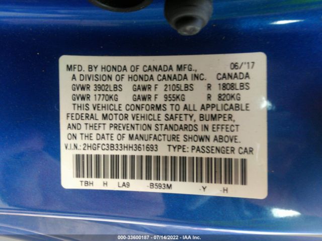 Photo 8 VIN: 2HGFC3B33HH361693 - HONDA CIVIC COUPE 