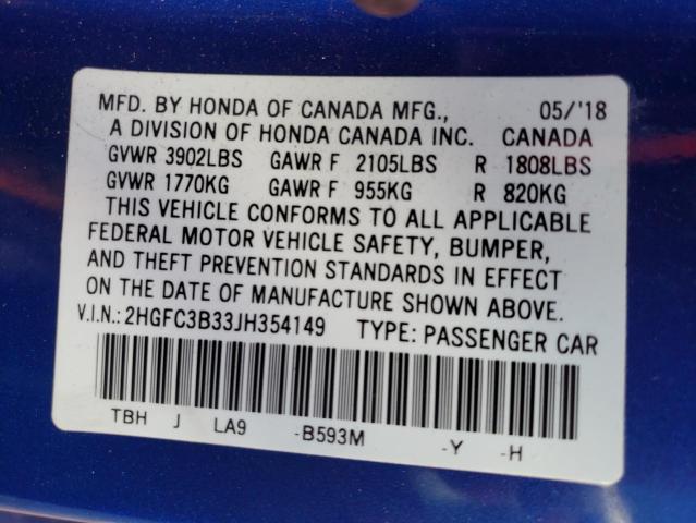 Photo 9 VIN: 2HGFC3B33JH354149 - HONDA CIVIC EX 