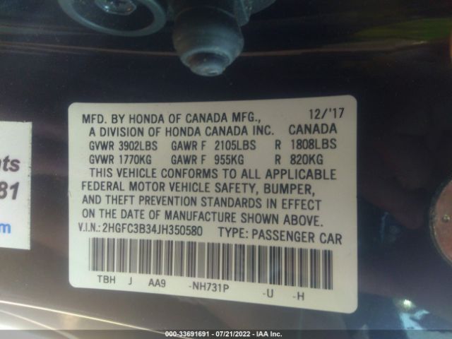 Photo 8 VIN: 2HGFC3B34JH350580 - HONDA CIVIC COUPE 