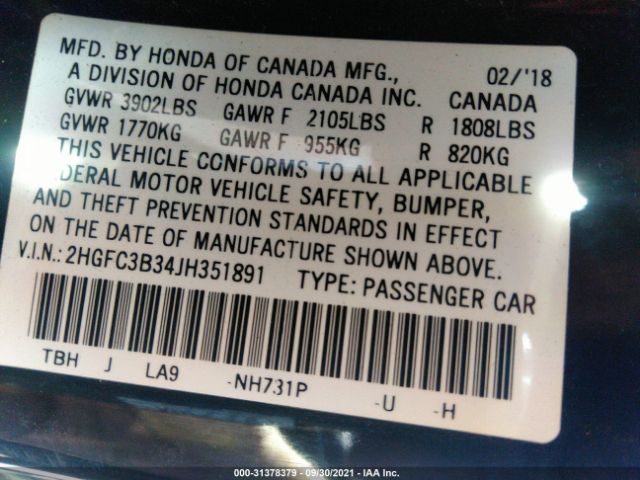 Photo 8 VIN: 2HGFC3B34JH351891 - HONDA CIVIC COUPE 