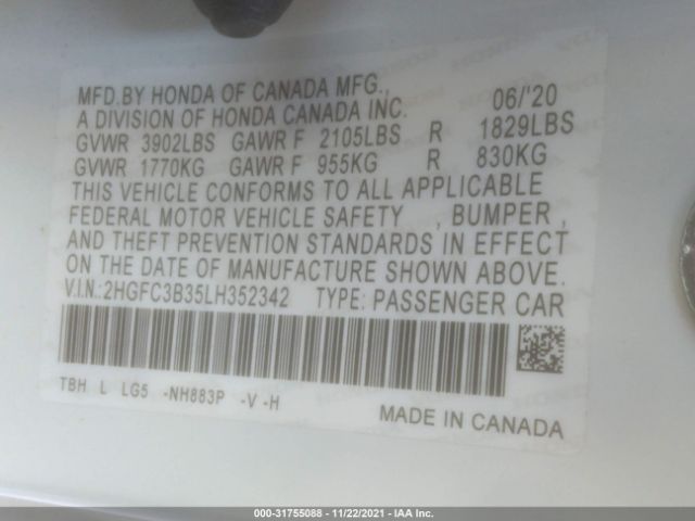 Photo 8 VIN: 2HGFC3B35LH352342 - HONDA CIVIC COUPE 