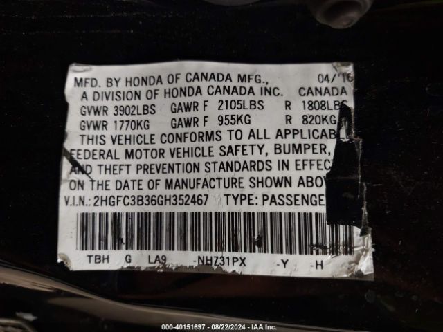 Photo 8 VIN: 2HGFC3B36GH352467 - HONDA CIVIC 