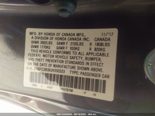 Photo 8 VIN: 2HGFC3B36JH350323 - HONDA CIVIC COUPE 