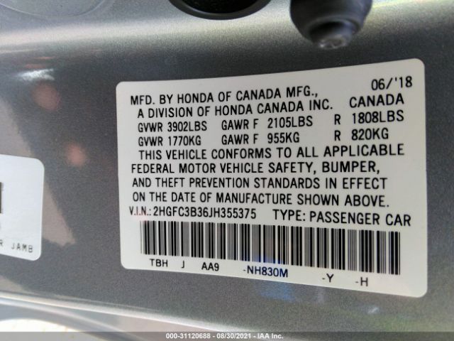 Photo 8 VIN: 2HGFC3B36JH355375 - HONDA CIVIC COUPE 