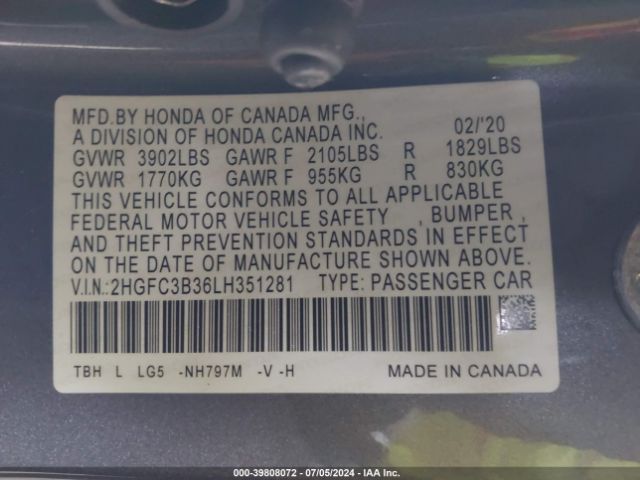 Photo 8 VIN: 2HGFC3B36LH351281 - HONDA CIVIC 