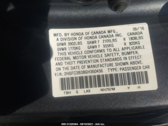 Photo 8 VIN: 2HGFC3B38GH360456 - HONDA CIVIC COUPE 