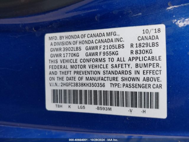 Photo 8 VIN: 2HGFC3B38KH350356 - HONDA CIVIC 