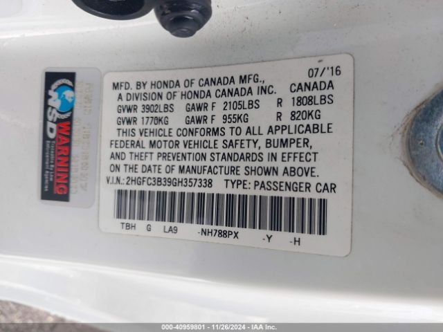 Photo 8 VIN: 2HGFC3B39GH357338 - HONDA CIVIC 