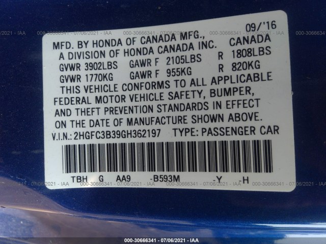 Photo 8 VIN: 2HGFC3B39GH362197 - HONDA CIVIC COUPE 