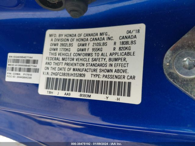 Photo 8 VIN: 2HGFC3B39JH352809 - HONDA CIVIC 