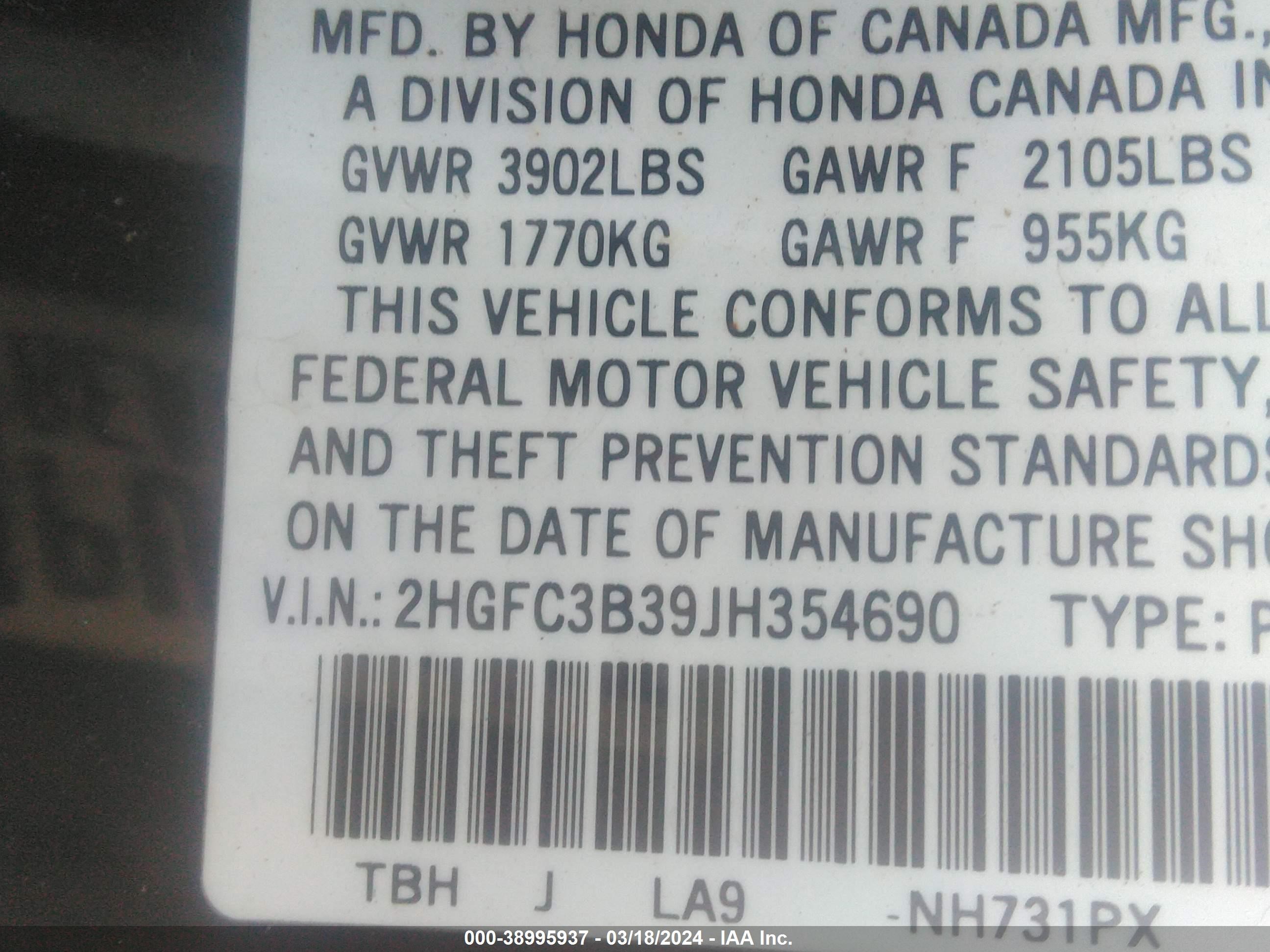 Photo 8 VIN: 2HGFC3B39JH354690 - HONDA CIVIC 