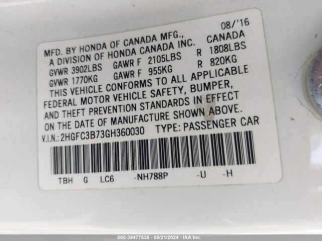 Photo 8 VIN: 2HGFC3B73GH360030 - HONDA CIVIC 