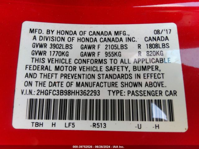 Photo 8 VIN: 2HGFC3B98HH362293 - HONDA CIVIC 