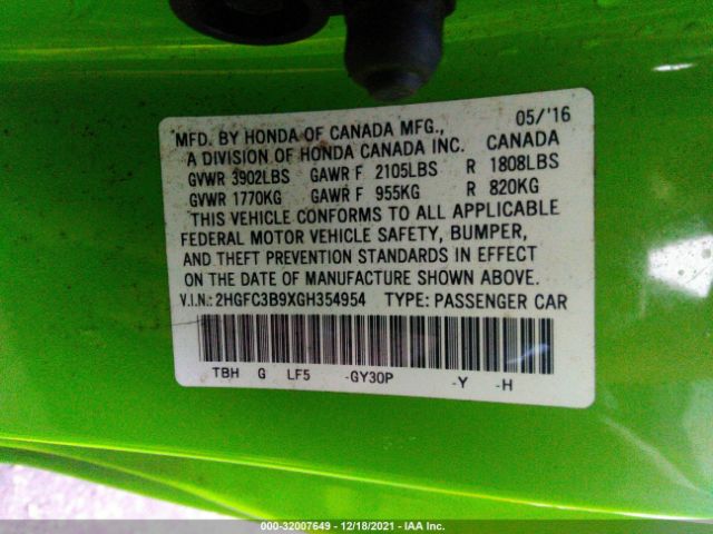 Photo 8 VIN: 2HGFC3B9XGH354954 - HONDA CIVIC COUPE 