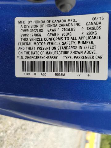 Photo 11 VIN: 2HGFC3B9XGH356851 - HONDA CIVIC COUPE 