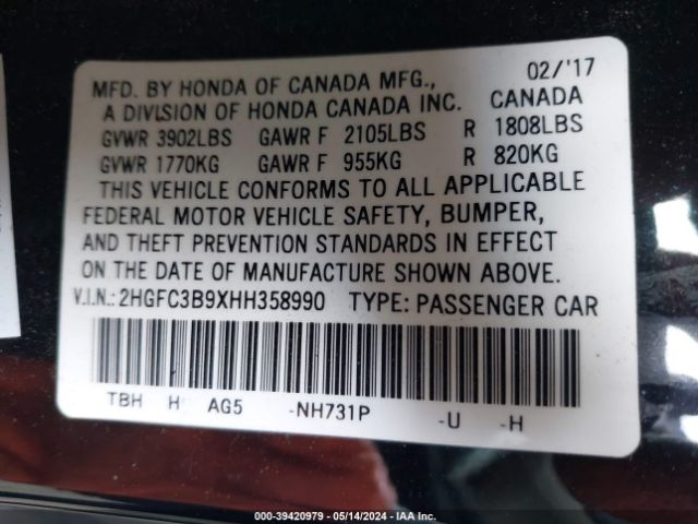 Photo 8 VIN: 2HGFC3B9XHH358990 - HONDA CIVIC 