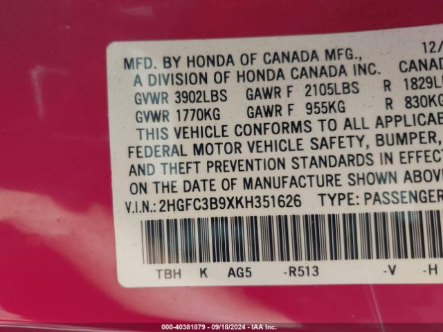 Photo 8 VIN: 2HGFC3B9XKH351626 - HONDA CIVIC 