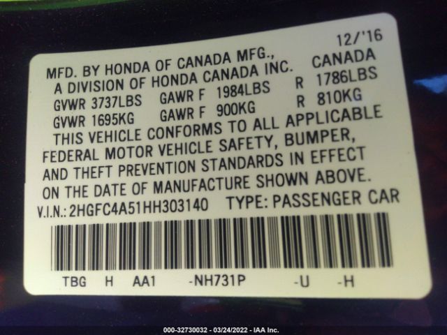 Photo 8 VIN: 2HGFC4A51HH303140 - HONDA CIVIC 