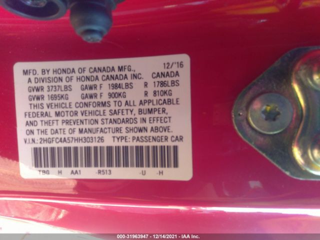 Photo 8 VIN: 2HGFC4A57HH303126 - HONDA CIVIC COUPE 