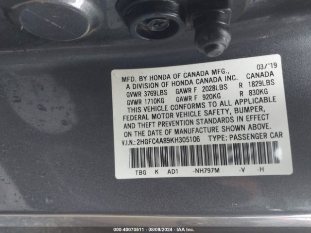 Photo 8 VIN: 2HGFC4A89KH305106 - HONDA CIVIC 