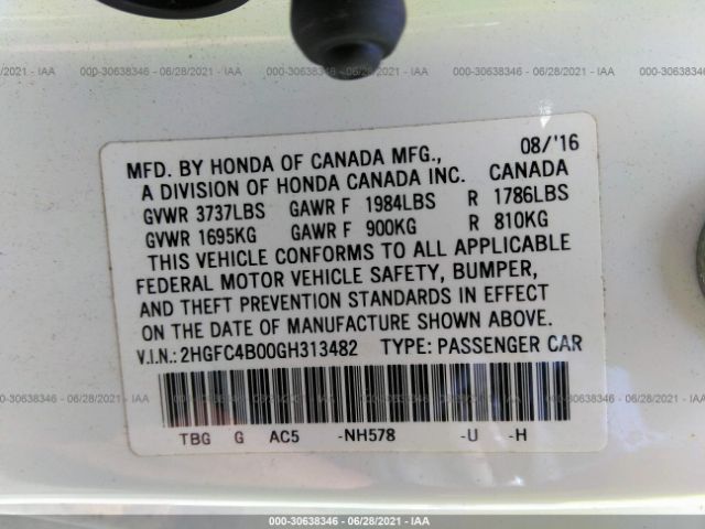 Photo 8 VIN: 2HGFC4B00GH313482 - HONDA CIVIC COUPE 