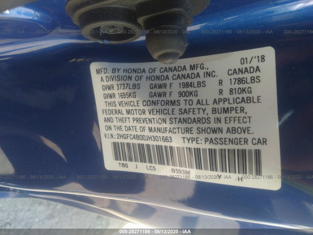 Photo 8 VIN: 2HGFC4B00JH301663 - HONDA CIVIC COUPE 