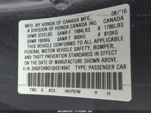 Photo 8 VIN: 2HGFC4B01GH314947 - HONDA CIVIC COUPE 