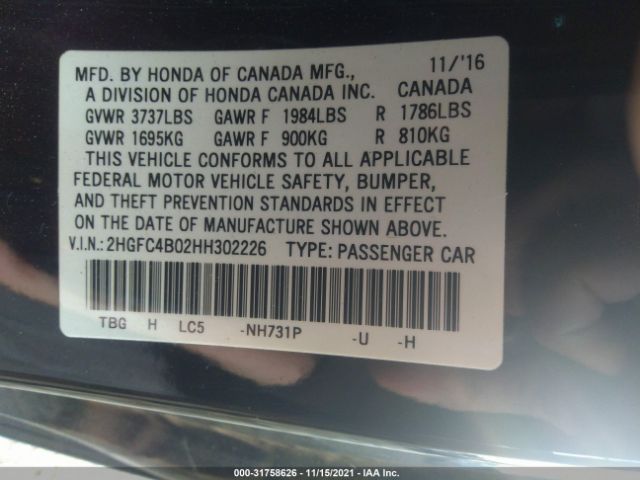 Photo 8 VIN: 2HGFC4B02HH302226 - HONDA CIVIC COUPE 