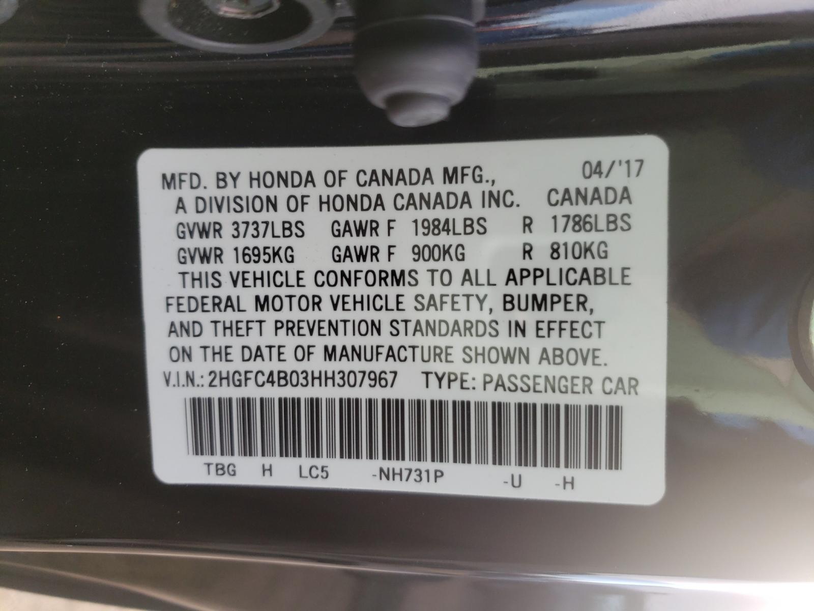 Photo 9 VIN: 2HGFC4B03HH307967 - HONDA CIVIC LX 