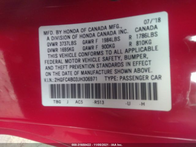 Photo 8 VIN: 2HGFC4B03JH306971 - HONDA CIVIC COUPE 