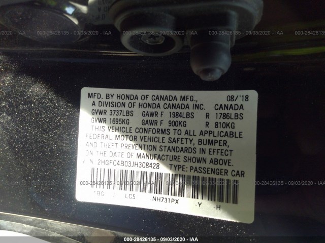 Photo 8 VIN: 2HGFC4B03JH308428 - HONDA CIVIC COUPE 